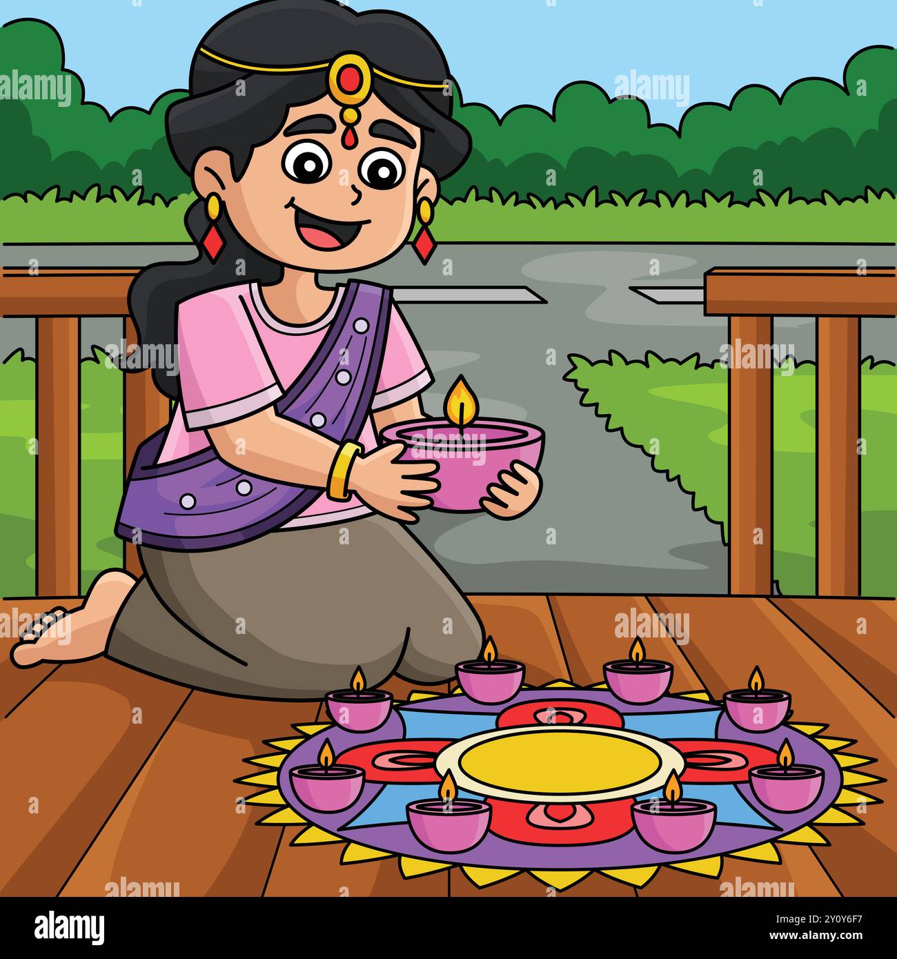 Diwali Girl che regge un cartone animato colorato Diyas Illustrazione Vettoriale