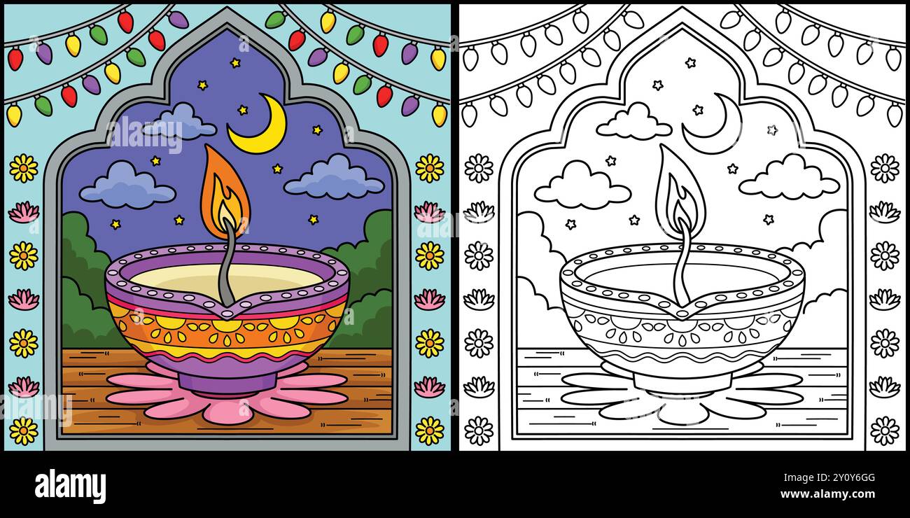 Illustrazione a colori della pagina Diwali Diyas Illustrazione Vettoriale