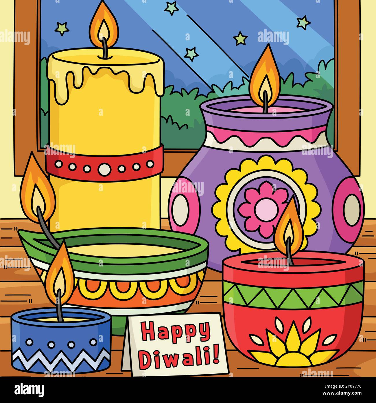 Diwali Festival Diyas and Candles Colored Cartoon Illustrazione Vettoriale