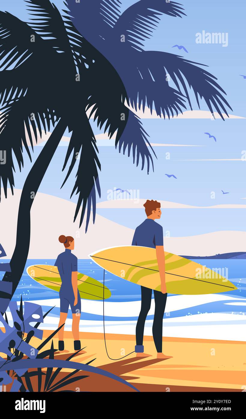 Surfers sulla spiaggia tropicale onde oceaniche palme spiaggia sabbiosa colori vivaci avventura all'aperto stile di vita di viaggio Illustrazione Vettoriale