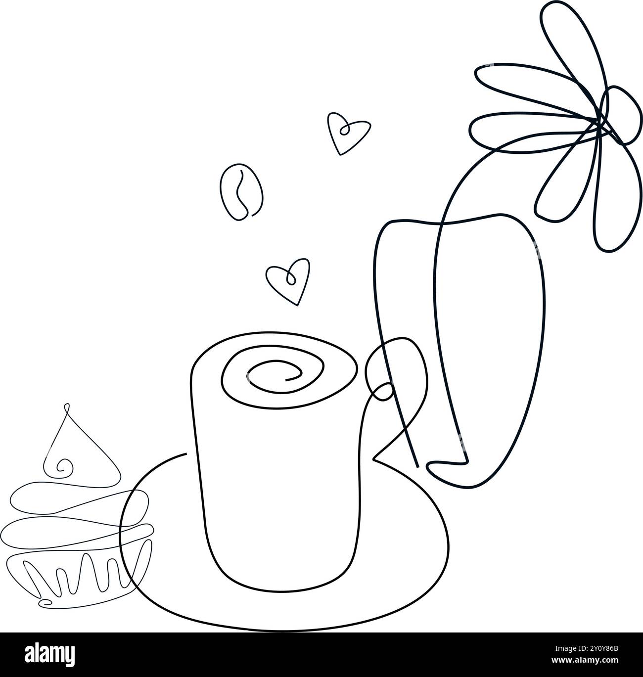 Spaghetti la tazza di caffè con torte, gelati e dolci. Modello di cartoni animati con cibo per colorare libri o stampe di design. Possibilità di cambiare facilmente i colori. Illustrazione Vettoriale