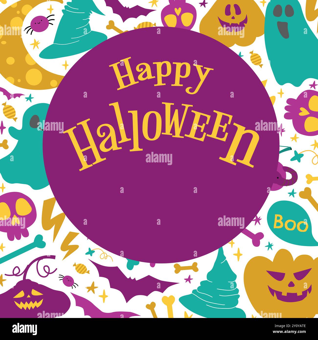 Banner di testo di buon Halloween. Illustrazione vettoriale con zucche, rami, luna, mezzaluna, stelle e caramelle, dolci. Carta colorata con elementi magici Illustrazione Vettoriale