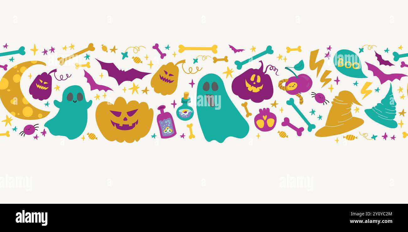 Simpatico motivo orizzontale disegnato a mano per Halloween con zucca ed elementi magici. Illustrazione vettoriale ideale per tessuti, superfici, striscioni e sfondi. Illustrazione Vettoriale