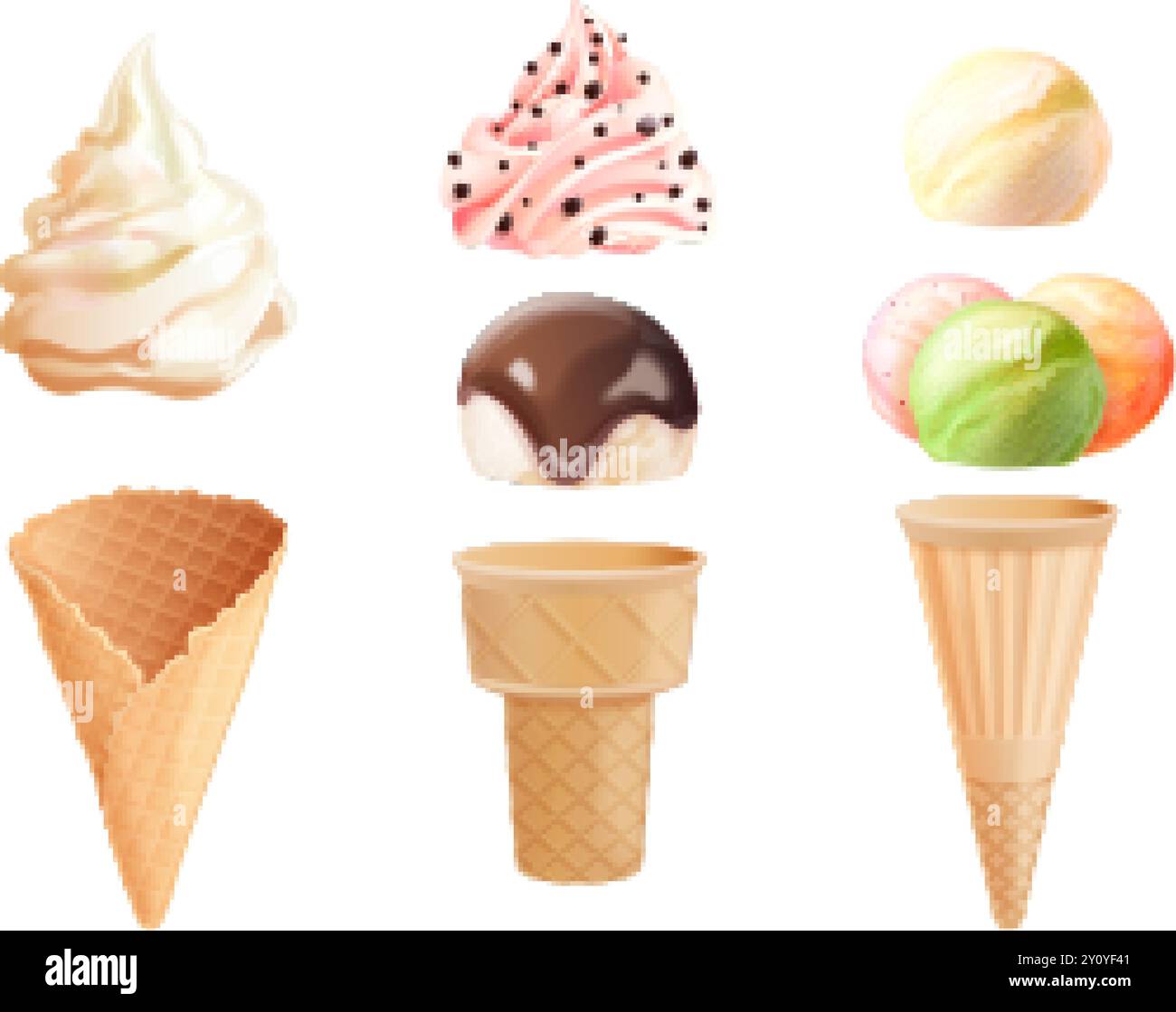 Gelatiere. Morbida palla di gelato per creare kit shop, dolci al latte surgelati, cialde cono tazza di sorbetto yogurt cioccolato gusti vaniglia, illustrazione vettoriale esatta, grafica originale Illustrazione Vettoriale