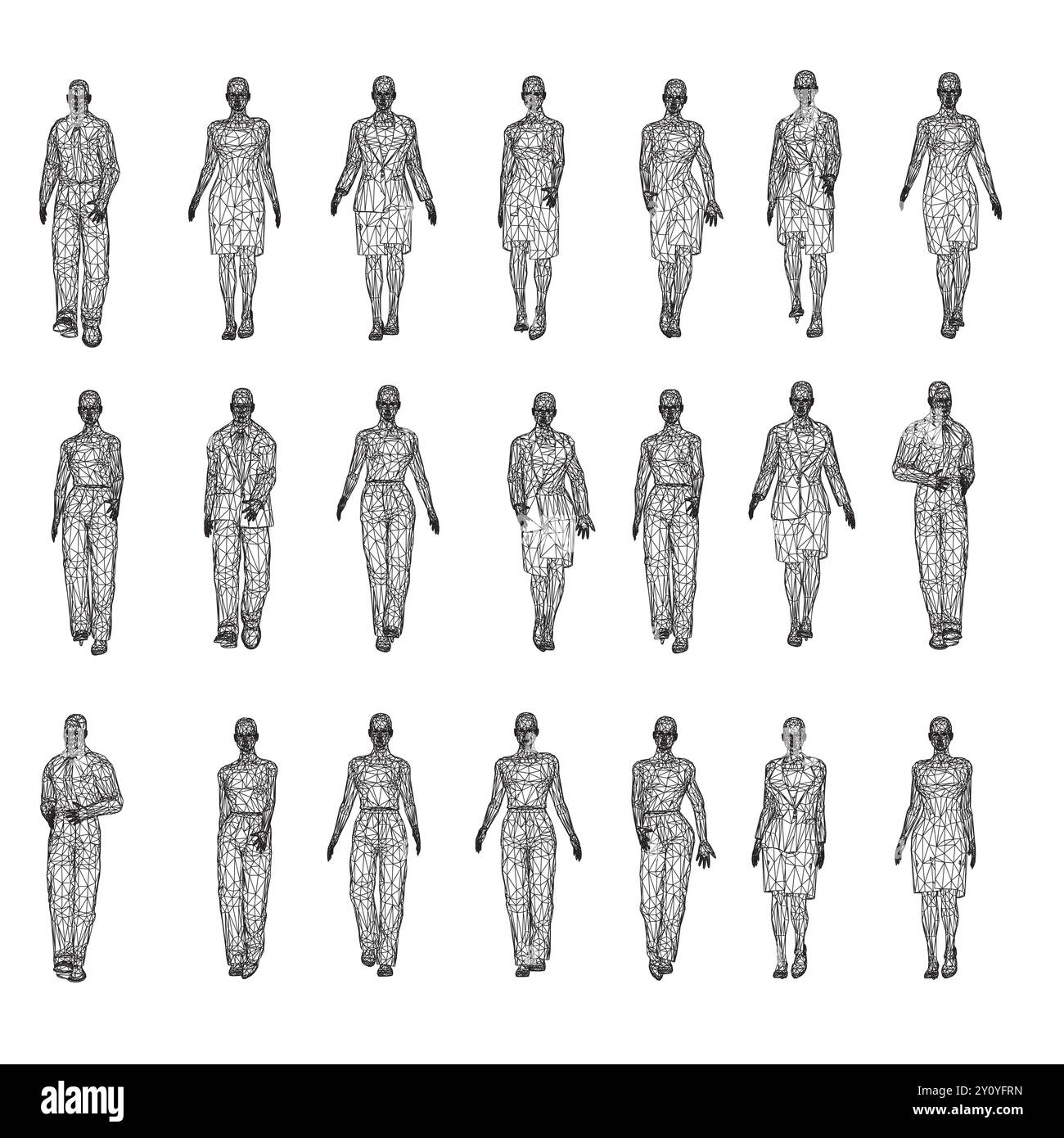 Ambientato con contorni di persone che camminano da linee nere isolate su sfondo bianco. Uomini e donne che camminano. Illustrazione vettoriale. Illustrazione Vettoriale
