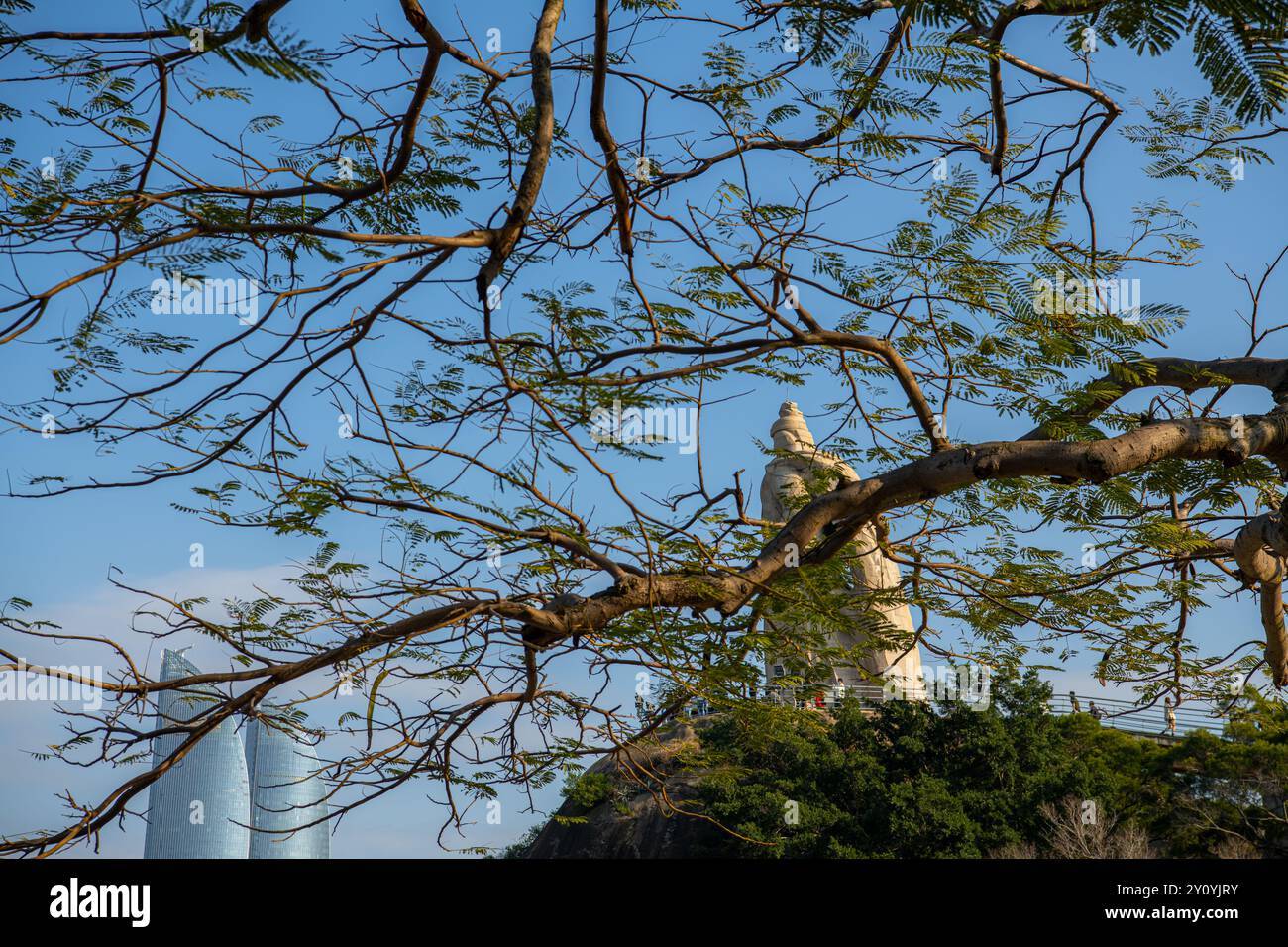 Statua di Zheng Chenggong sull'isola di Gulangyu, Xiamen, Cina, copia spazio per il testo Foto Stock