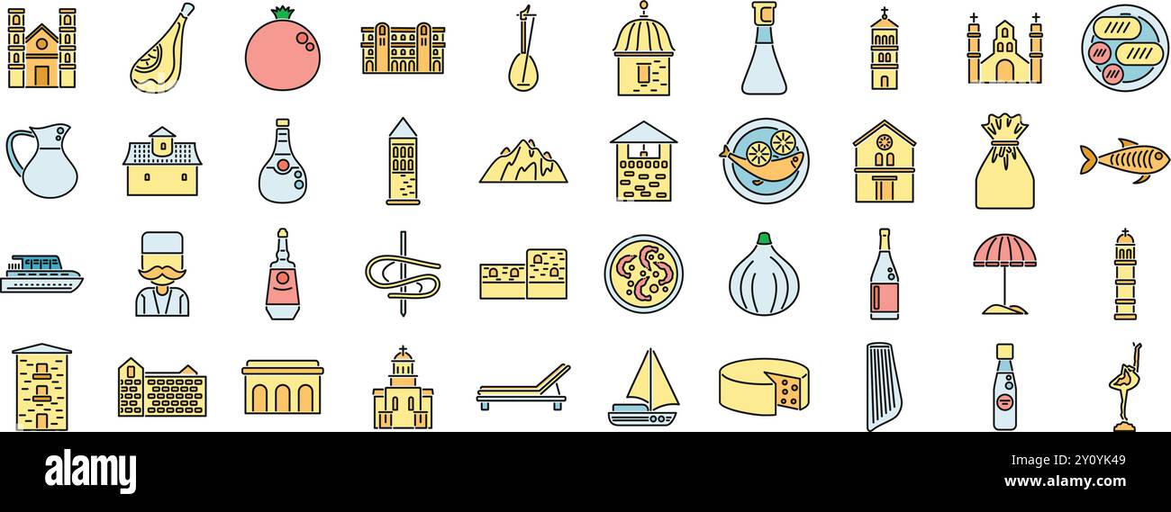 Questo set di icone dalle linee sottili presenta vari aspetti del montenegro, tra cui i suoi punti di riferimento, la cucina e gli elementi culturali Illustrazione Vettoriale