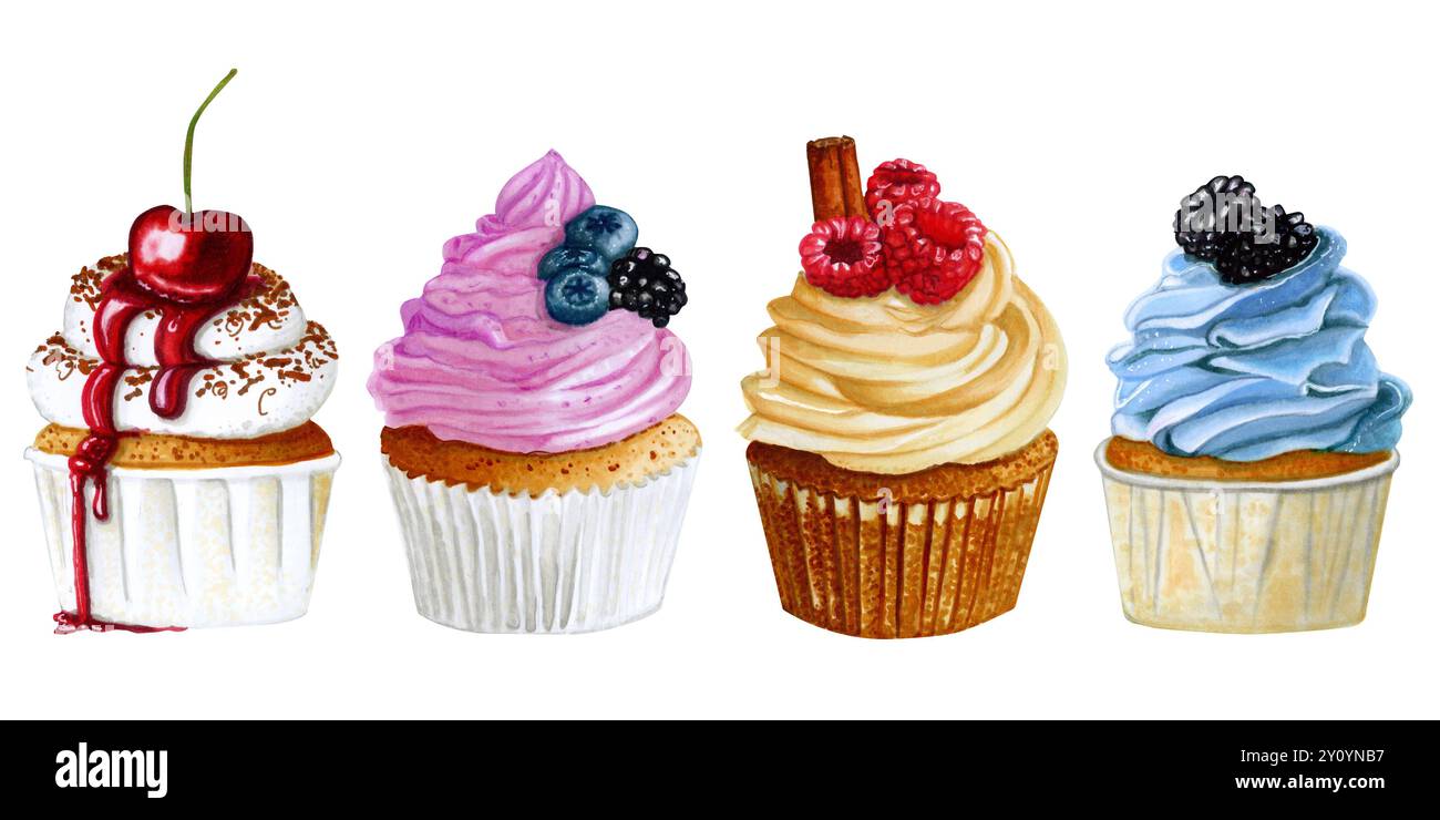 Set di tortini ad acquerello con frutti di bosco isolati su sfondo bianco. Illustrazione tracciata a mano Foto Stock