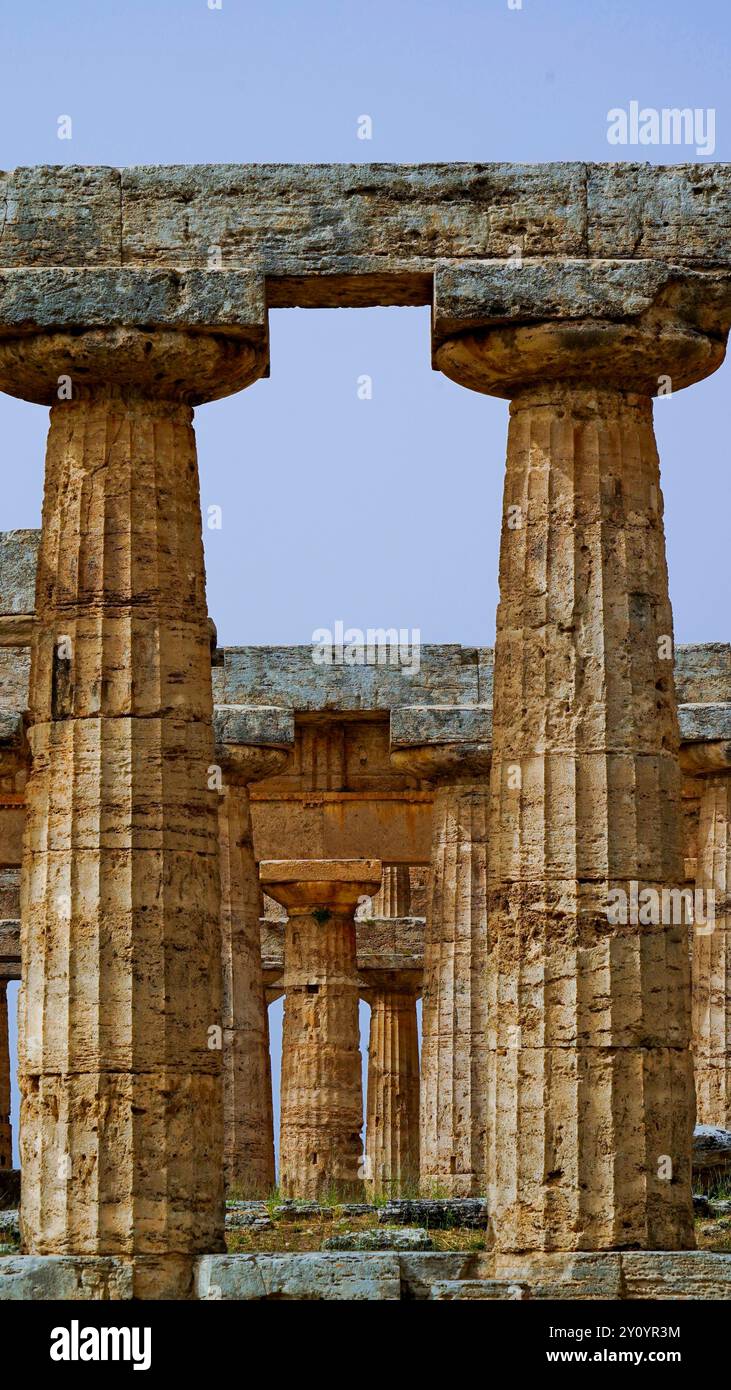 Immagini a colori e fotografi la magnificenza dei templi e degli scavi archeologici dell'antica città greca di Paestum, Italia, Campania, sale Foto Stock