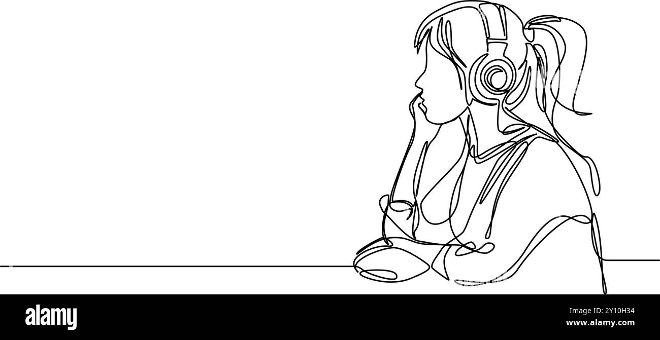 disegno continuo su linea singola di una giovane donna che ascolta musica con cuffie sovrauricolari, illustrazione vettoriale line art Illustrazione Vettoriale