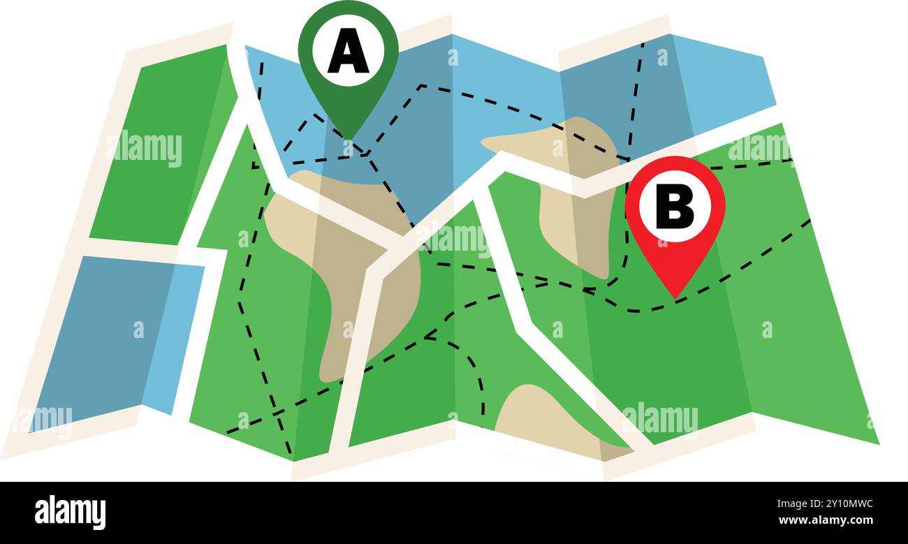 Mappa con due posizioni A e B, navigazione GPS a due punti, mappa, icona di navigazione nella mappa, icona a forma di spillo della mappa della città, direzione della posizione GPS, due diverse posizioni Illustrazione Vettoriale