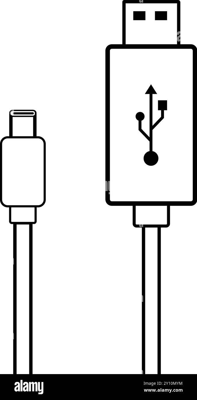Icona del cavo di alimentazione, cavo di accesso all'alimentazione, alimentazione di connessione, caricabatterie per telefoni cellulari, adattatore di alimentazione, presa per caricabatterie, cavi di ricarica, mini-jack tipo C. Illustrazione Vettoriale