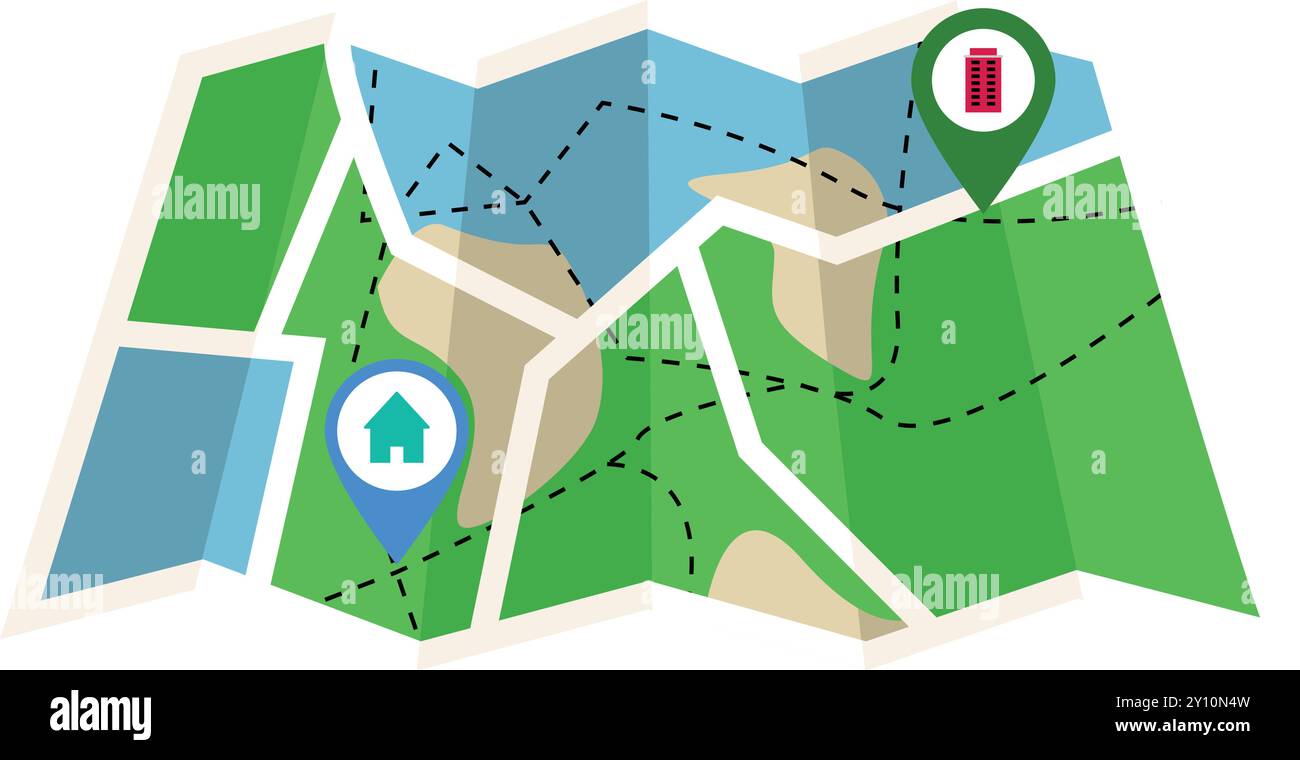 Mappa con Home to Office, navigazione GPS a due punti, mappa, navigazione nella mappa, mappa Office to Home, direzione della posizione GPS, due posizioni diverse, pin poi Illustrazione Vettoriale