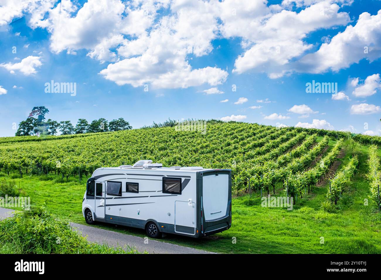 Moderno parcheggio per camper in un vigneto in libertà, stile di vita e avventura di viaggio vacanza alternativa con veicolo ricreativo. Una piccola casa su ruote. Camper Foto Stock