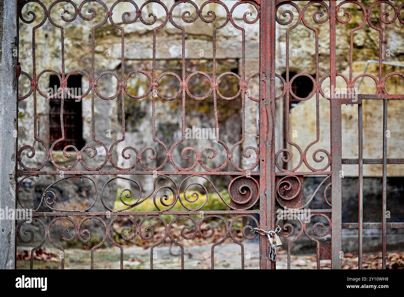 Porta di metallo decorata in stile antico nel quartiere Sao Pedro de Miragaia della città di Porto con vicoli originali e pittoreschi Foto Stock