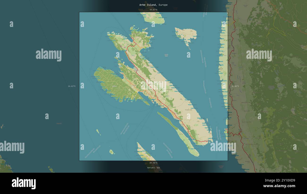 Isola di Arbe nel Mare Adriatico, appartenente alla Croazia, descritta ed evidenziata su una mappa topografica in stile umanitario OSM Foto Stock
