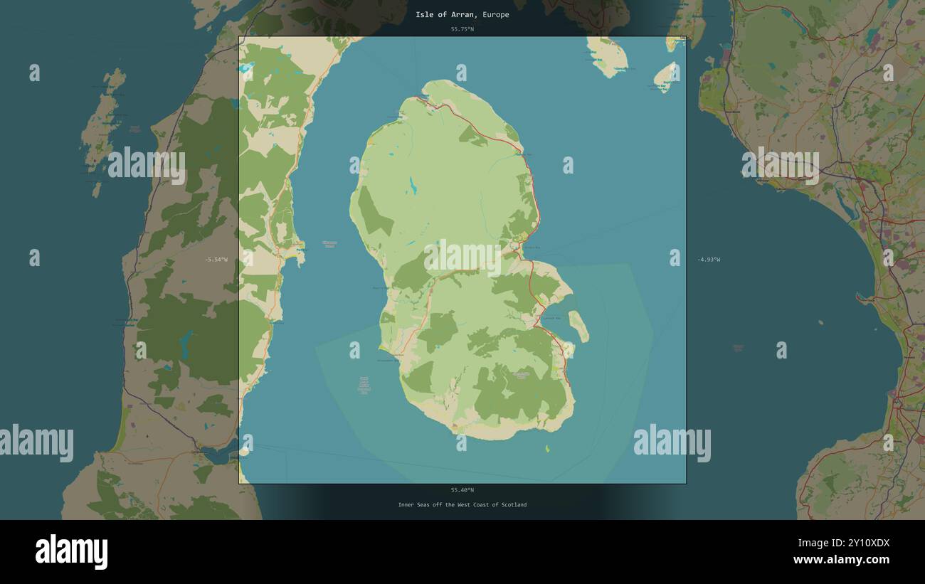 Isola di Arran nei mari interni al largo della costa occidentale della Scozia, appartenente al Regno Unito, descritta ed evidenziata su un topografico OSM Humanitar Foto Stock