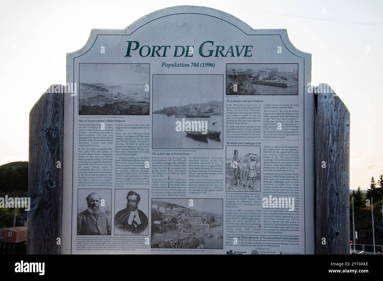 Cartello che descrive la storia di Port de grave a Terranova e Labrador, Canada Foto Stock