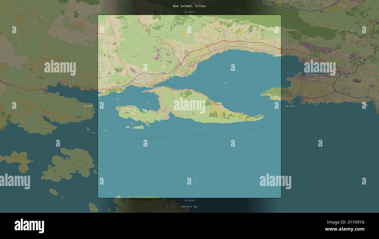 Isola di BUA nel Mare Adriatico, appartenente alla Croazia, descritta ed evidenziata su una mappa topografica in stile umanitario OSM Foto Stock