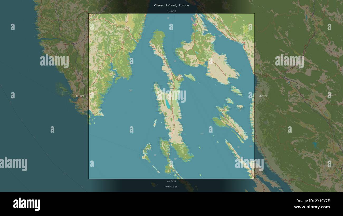 Isola di Cherso nel Mare Adriatico, appartenente alla Croazia, descritta ed evidenziata su una mappa topografica in stile umanitario OSM Foto Stock