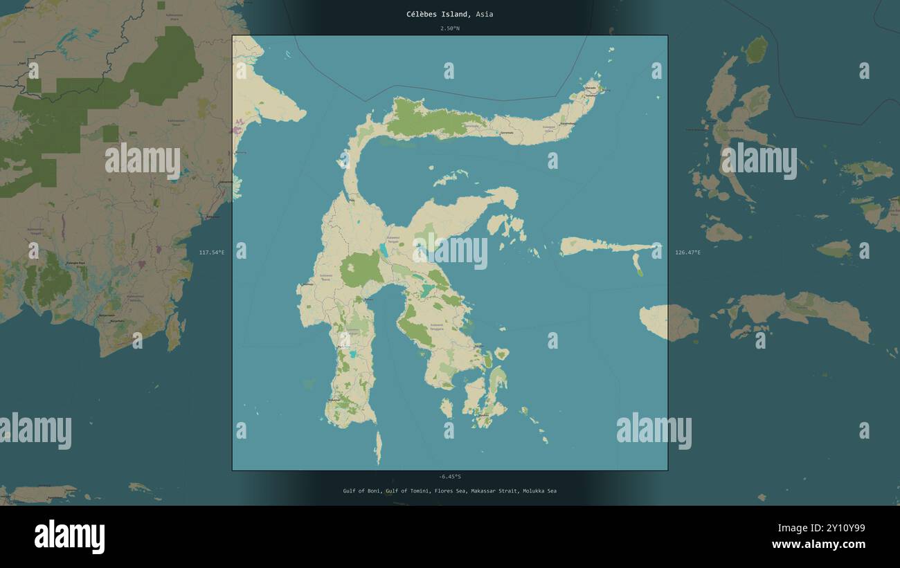 Isola di Celebes nel Mar di Giava, appartenente all'Indonesia, descritta ed evidenziata su una mappa topografica in stile umanitario OSM Foto Stock