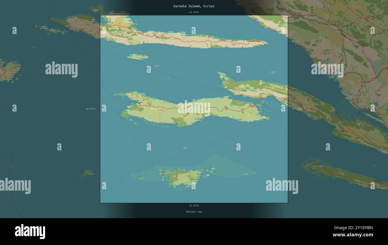 L'isola di Curzola nel Mare Adriatico, appartenente alla Croazia, descritta ed evidenziata su una mappa topografica in stile umanitario OSM Foto Stock