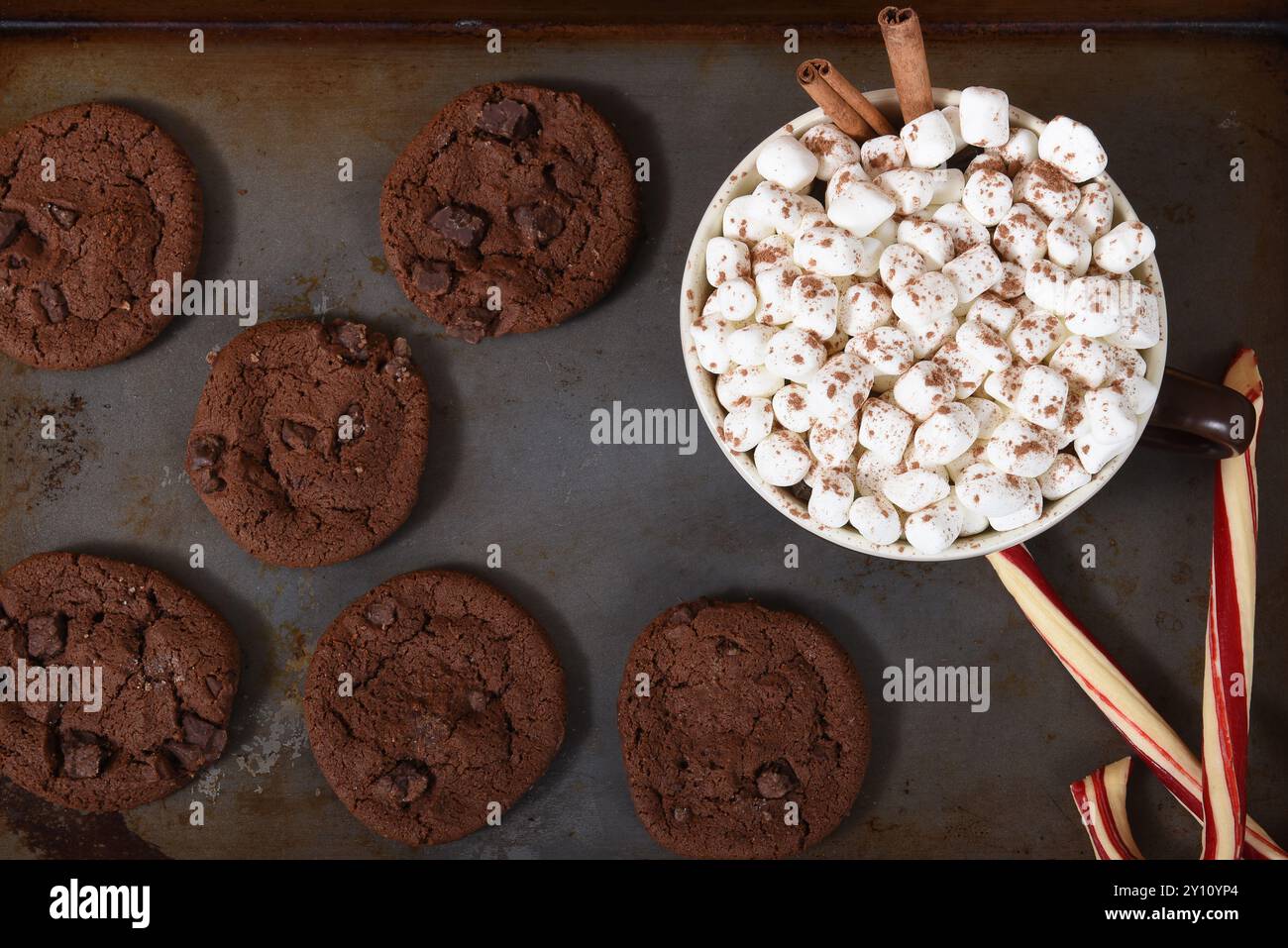 Una teglia con biscotti al cioccolato, canne di caramelle e una tazza di cioccolata calda con marshmallow. Foto Stock