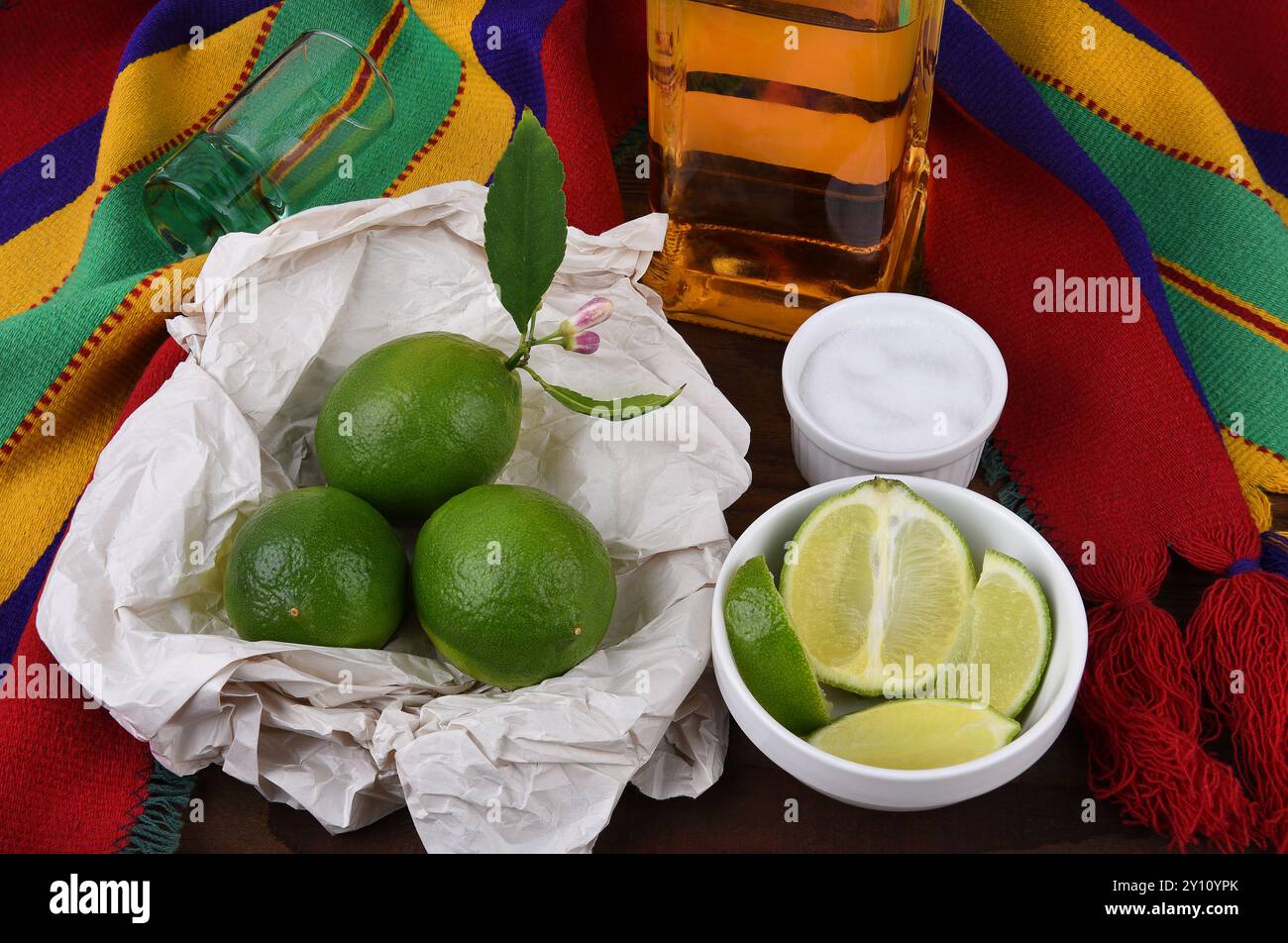 Tequila shot con limes, sale, coperta messicana. Ottimo per progetti a tema Cinco de Mayo o per ristoranti messicani. Foto Stock