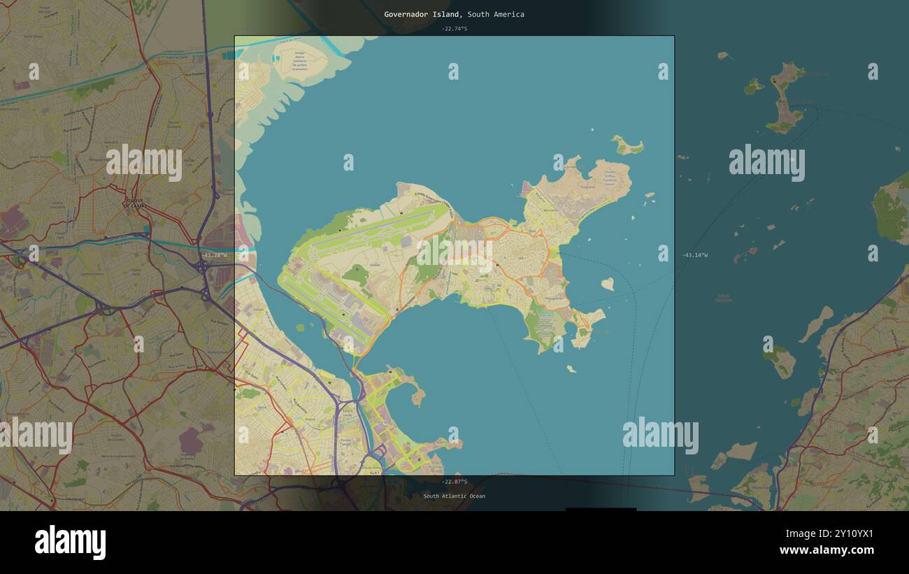 Isola Governador nell'Oceano Atlantico meridionale, appartenente al Brasile, descritta ed evidenziata su una mappa topografica in stile umanitario OSM Foto Stock