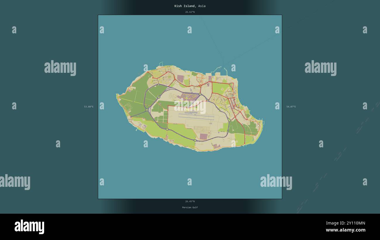 Kish Island nel Golfo Persico, appartenente all'Iran, descritta ed evidenziata su una mappa topografica in stile umanitario OSM Foto Stock