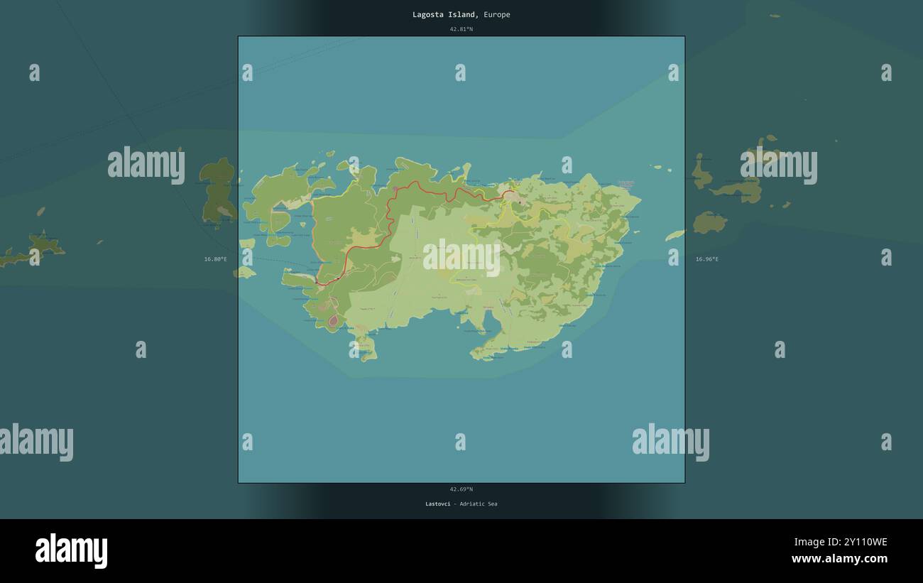 L'isola di Lagosta nel Mare Adriatico, appartenente alla Croazia, descritta ed evidenziata su una mappa topografica in stile umanitario OSM Foto Stock