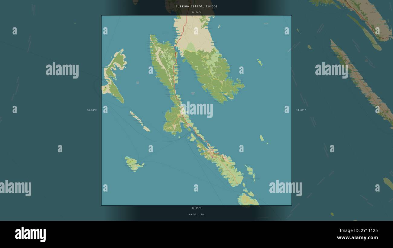 Isola di Lussino nel Mare Adriatico, appartenente alla Croazia, descritta ed evidenziata su una mappa topografica in stile umanitario OSM Foto Stock
