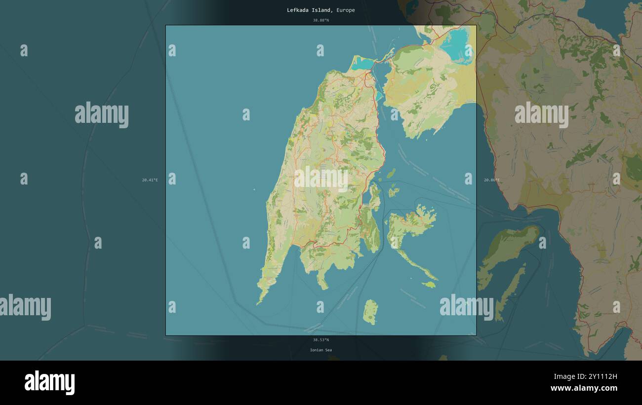 L'isola di Lefkada nel Mar Ionio, appartenente alla Grecia, descritta ed evidenziata su una mappa topografica in stile umanitario OSM Foto Stock