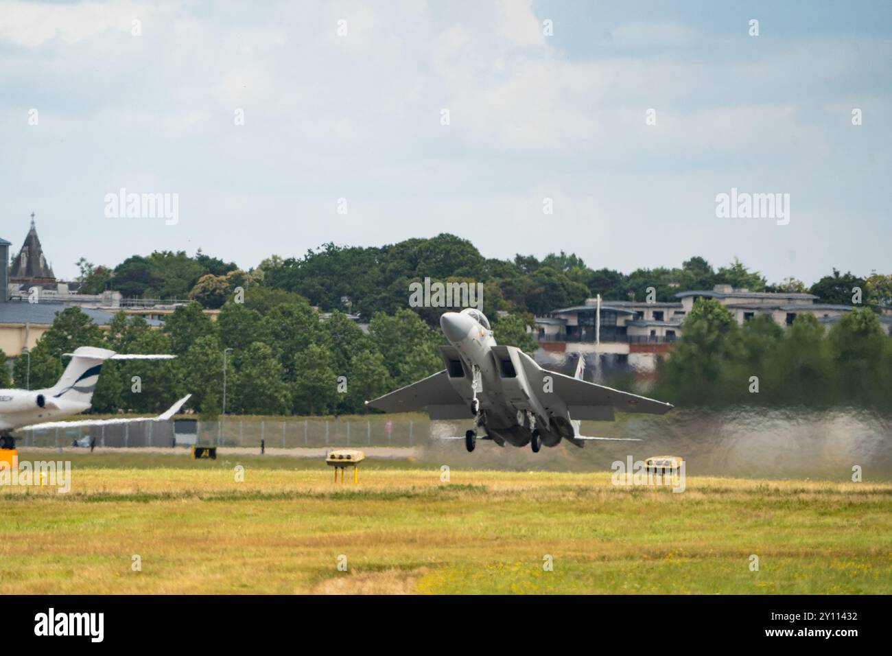 Farnborough, Hampshire - 26 luglio 2024: Fiera aerea Internazionale di Farnborough venerdì Boeing F-15QA Ababil Qatar - Air Force QA536 Foto Stock