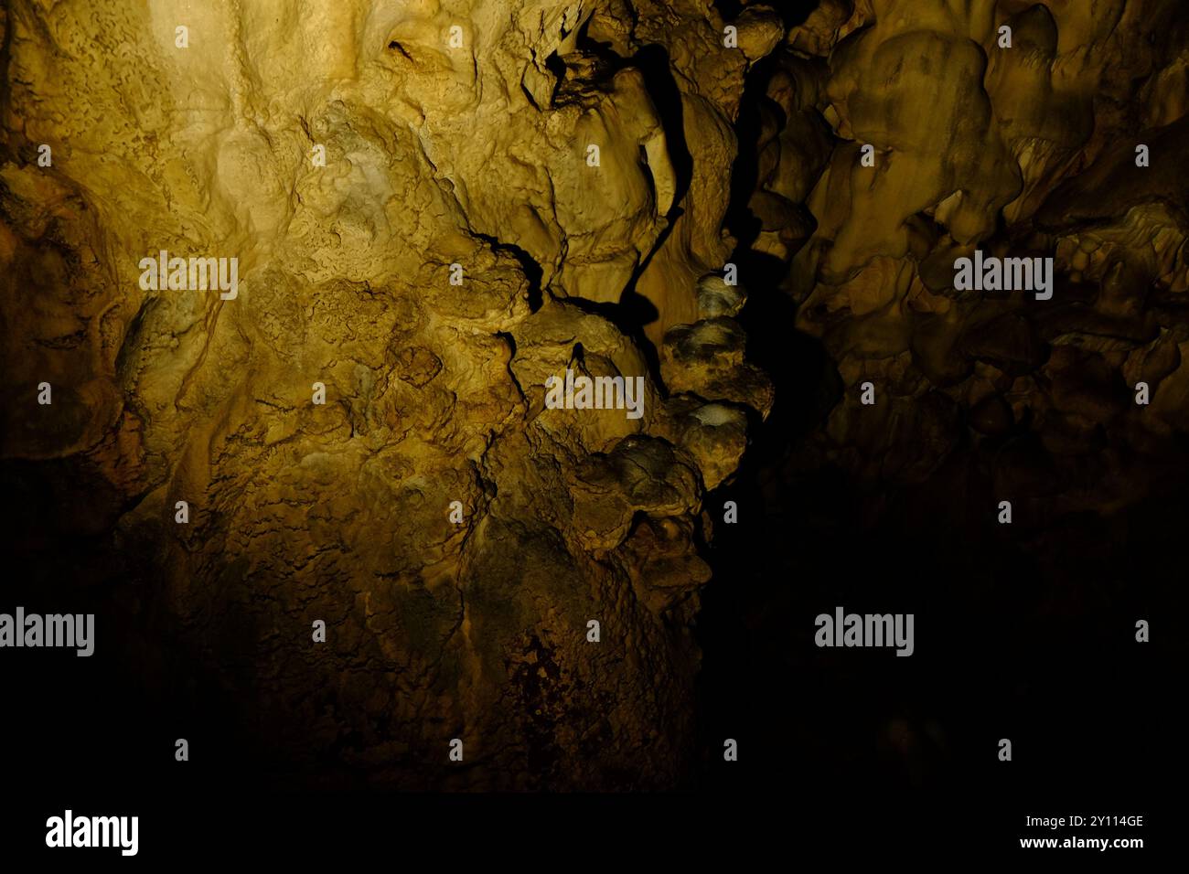 Vista delle formazioni rocciose nella grotta scura Foto Stock
