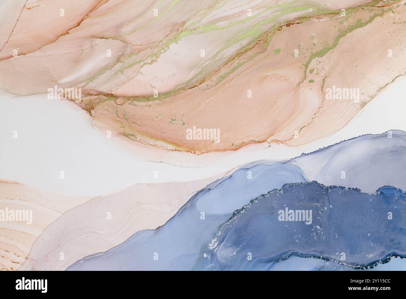 Opera d'arte fluida astratta che mostra delicate tonalità pastello che si fondono insieme in un flusso armonioso, creata con vivaci inchiostri su tela Foto Stock