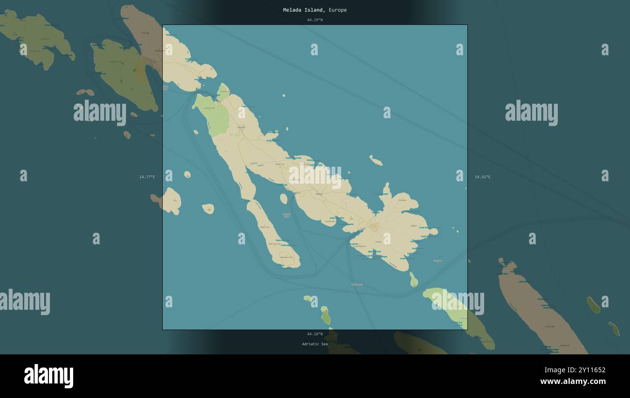 L'isola di Melada nel Mare Adriatico, appartenente alla Croazia, descritta ed evidenziata su una mappa topografica in stile umanitario OSM Foto Stock