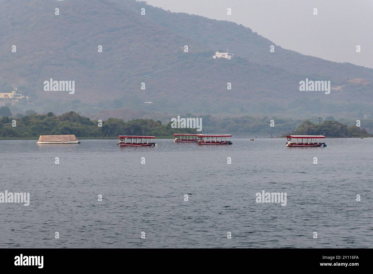 Barche d'acqua molte sul lago per il traghetto al mattino viene scattata un'immagine a Udaipur, rajasthan india. Foto Stock