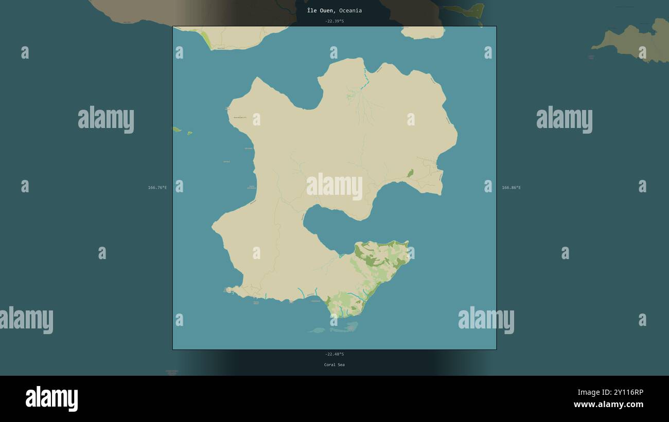 Ile Ouen nel Mar dei Coralli, appartenente alla Francia, descritto ed evidenziato su una mappa topografica in stile umanitario OSM Foto Stock