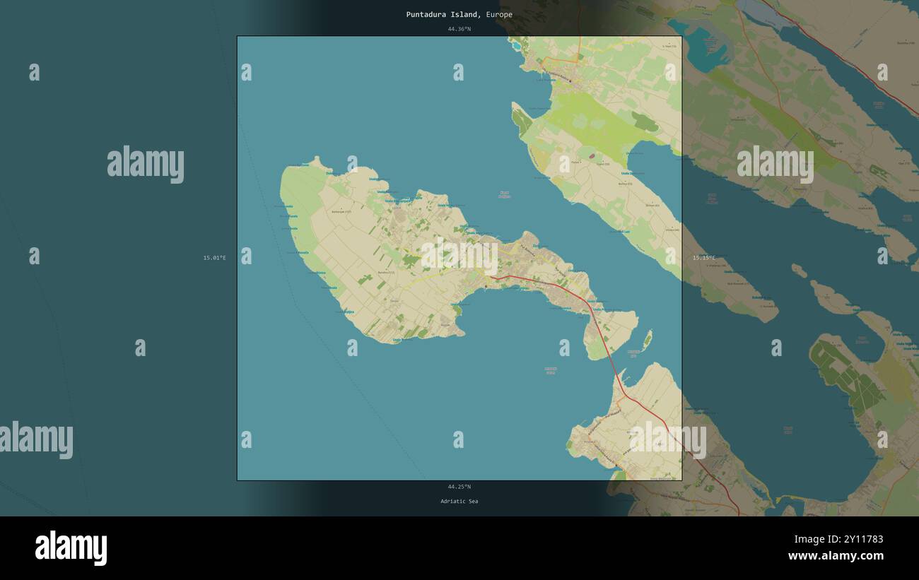 L'isola di Puntadura nel Mare Adriatico, appartenente alla Croazia, descritta ed evidenziata su una mappa topografica in stile umanitario OSM Foto Stock