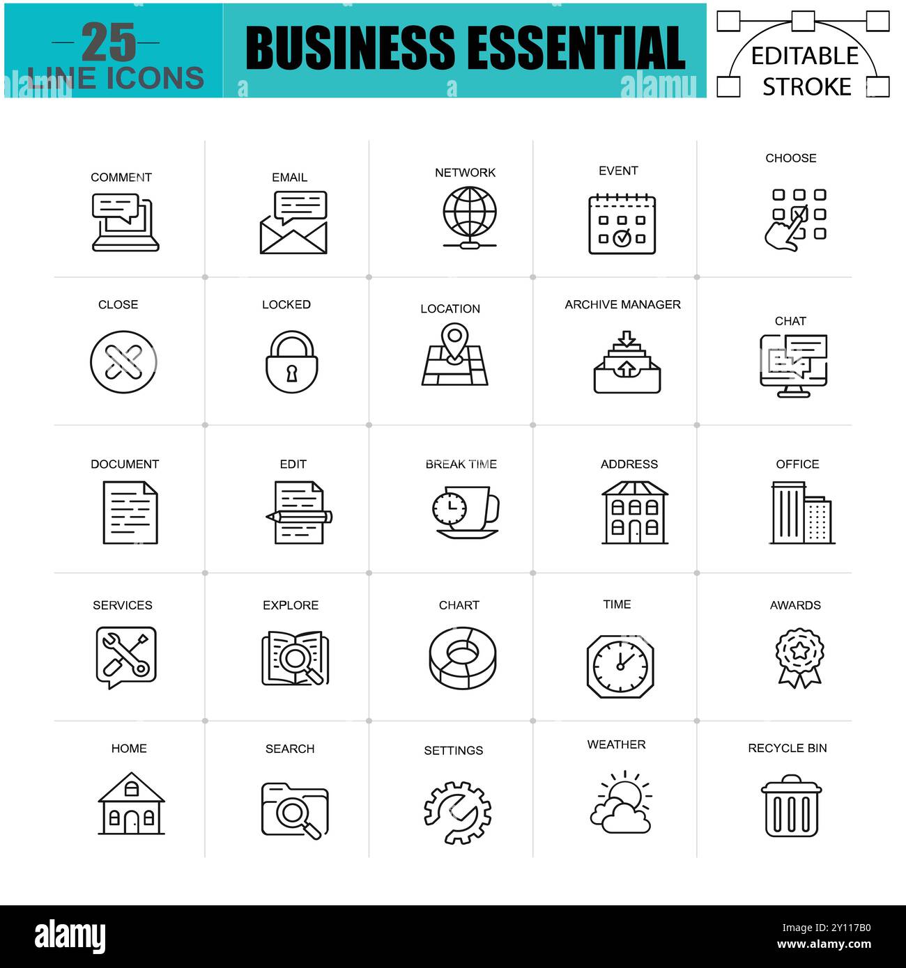 Icone thin Line Business Essentials, comunicazione e ufficio impostate per siti Web e applicazioni mobili. Include icone come grafico e premi. 48x48 pixel Illustrazione Vettoriale