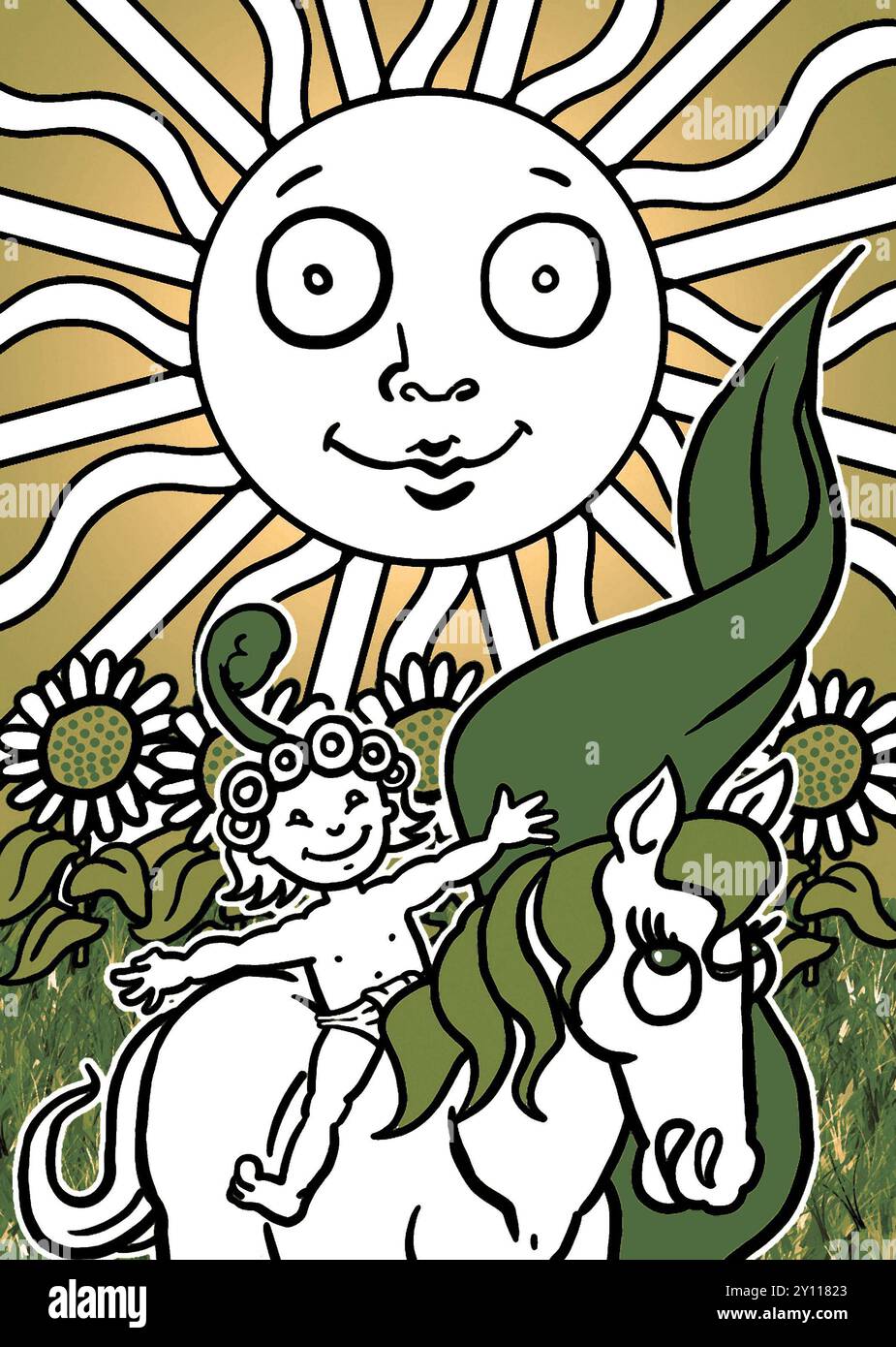 Arte che illustrano i Tarocchi Card il Sole (XIX) allegro bambino che cavalca il cavallo bianco, circondato da girasoli, e crogiolarsi alla luce di un sole radioso. Foto Stock