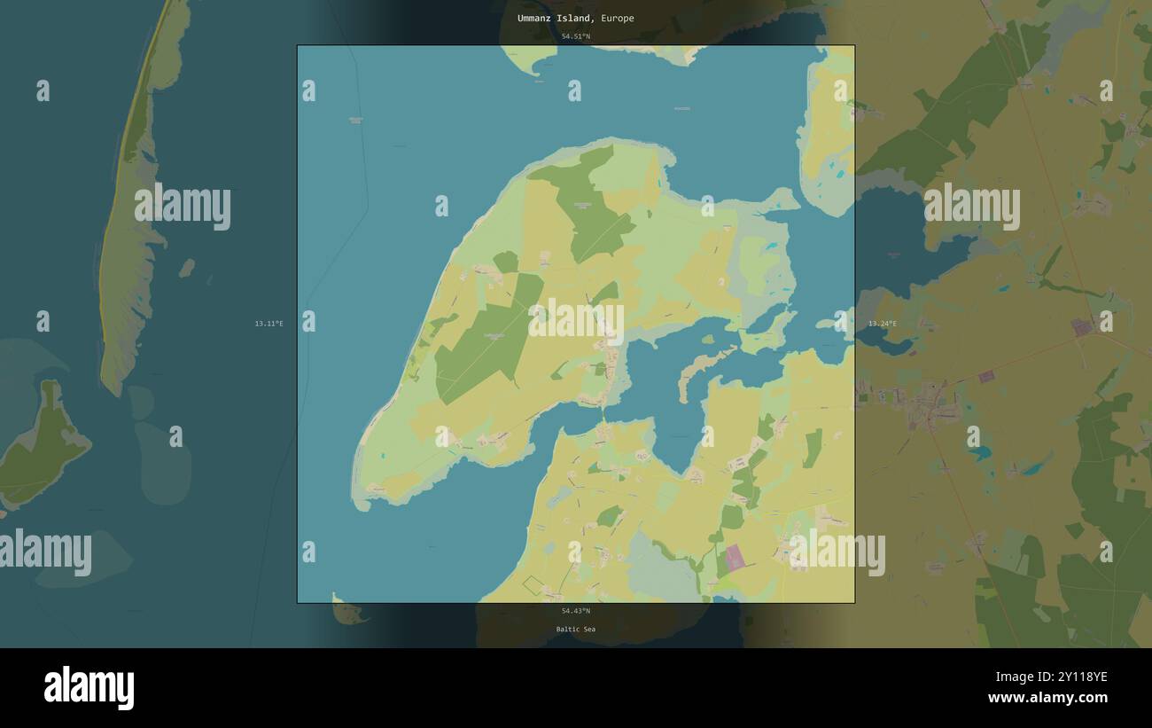 Isola Ummanz nel Mar Baltico, appartenente alla Germania, descritta ed evidenziata su una mappa topografica in stile umanitario OSM Foto Stock