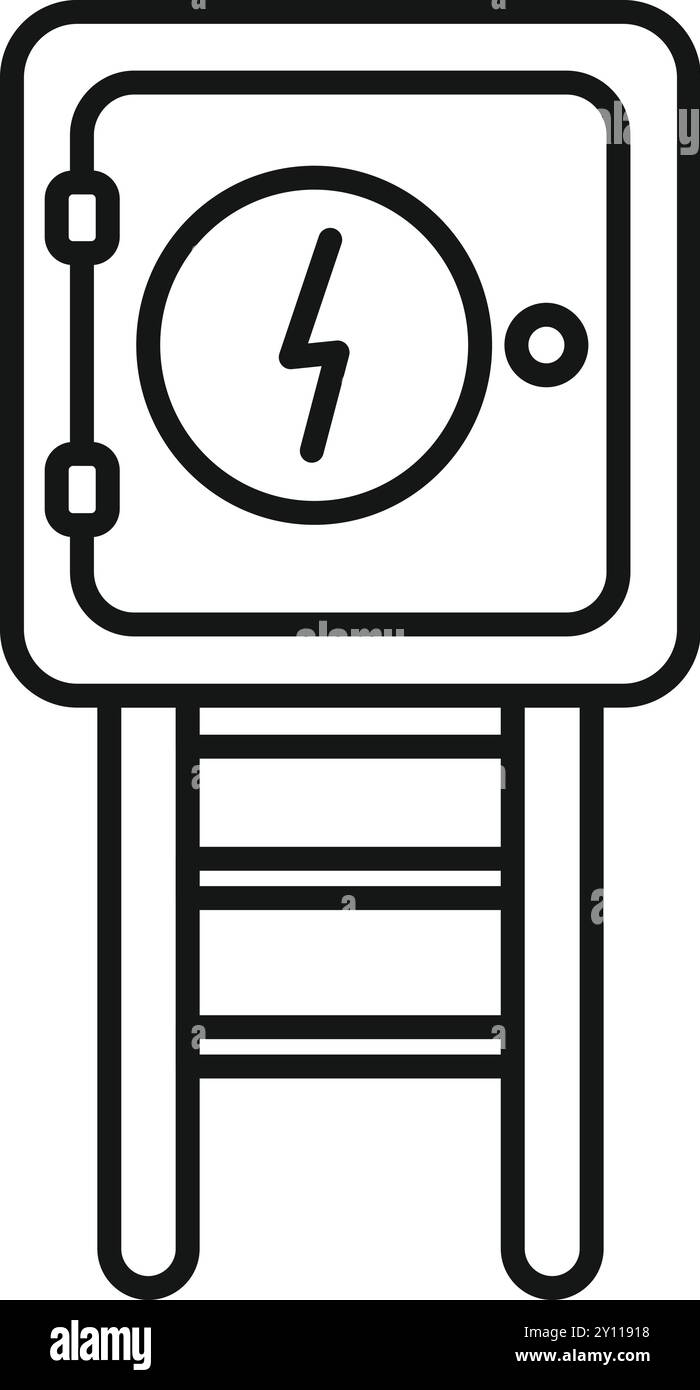 Semplice icona di linea di una scatola trasformatore su un palo, che simboleggia la distribuzione dell'alimentazione e l'alimentazione elettrica Illustrazione Vettoriale