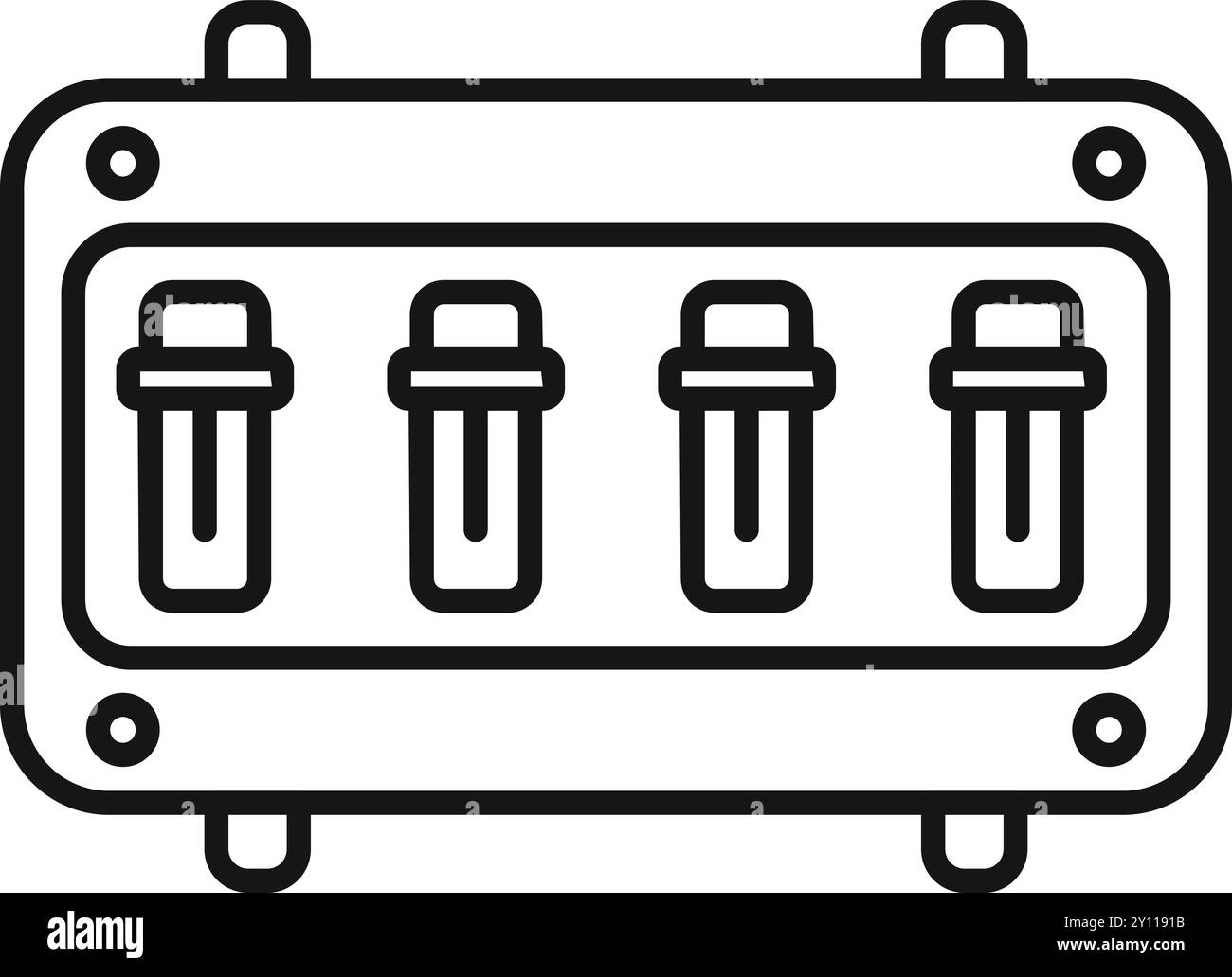 Disegno in linea di quattro fusibili elettrici all'interno di una scatola fusibili, per evitare sovraccarichi e cortocircuiti Illustrazione Vettoriale