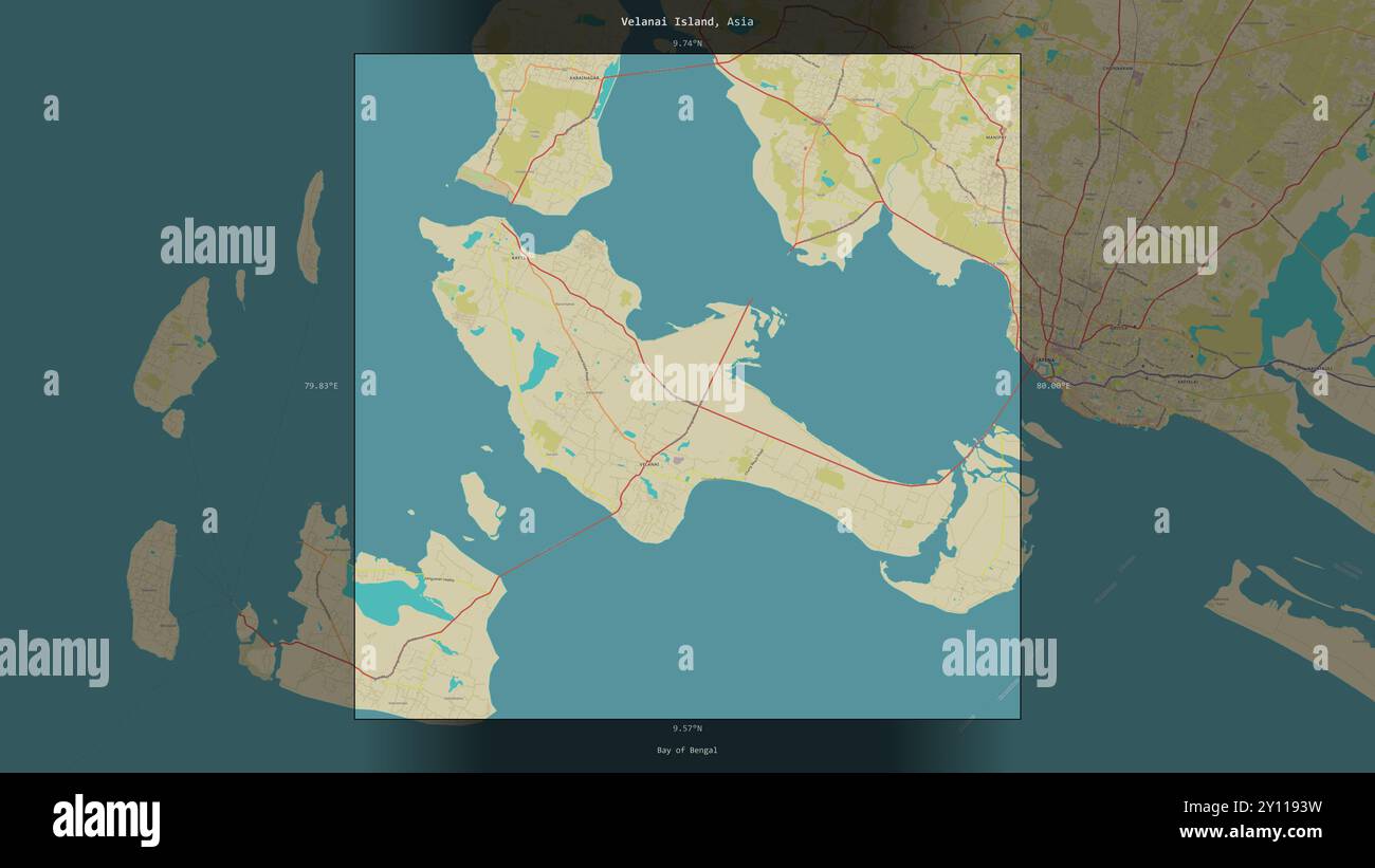 Velanai Island nella Baia del Bengala, appartenente allo Sri Lanka, descritta ed evidenziata su una mappa topografica in stile umanitario OSM Foto Stock