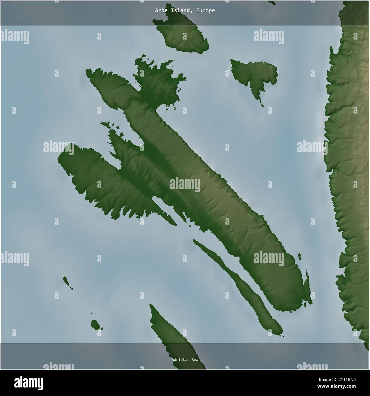 Isola di Arbe nel Mare Adriatico, appartenente alla Croazia, ritagliata in piazza su una mappa colorata di elevazione Foto Stock