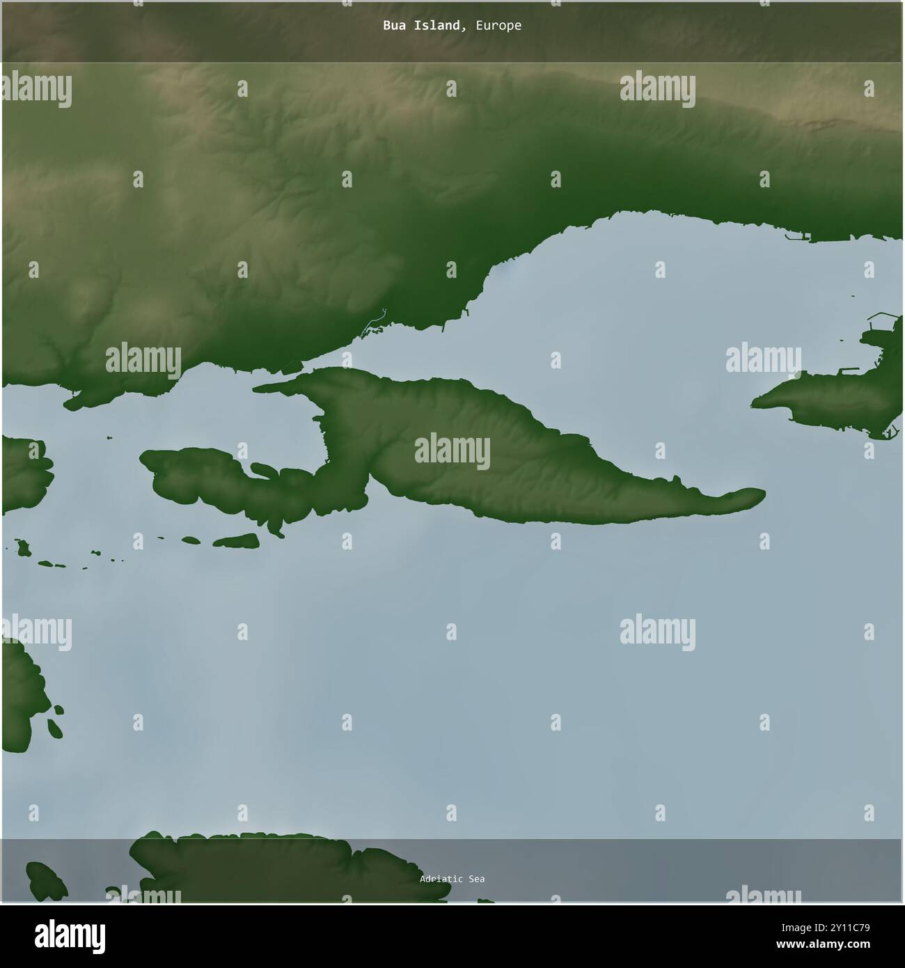 Isola di BUA nel Mare Adriatico, appartenente alla Croazia, ritagliata in piazza su una mappa colorata di elevazione Foto Stock