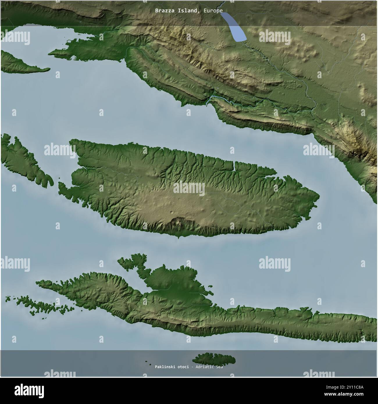 Isola di Brazza nel Mare Adriatico, appartenente alla Croazia, ritagliata in piazza su una mappa colorata di elevazione Foto Stock