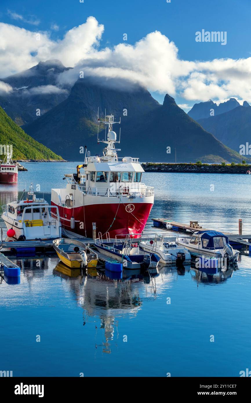 Estate, isola, porto, molo, barche, montagne, costa, Husoy, fiordo, Senja, Skaland, Norvegia, Europa Foto Stock